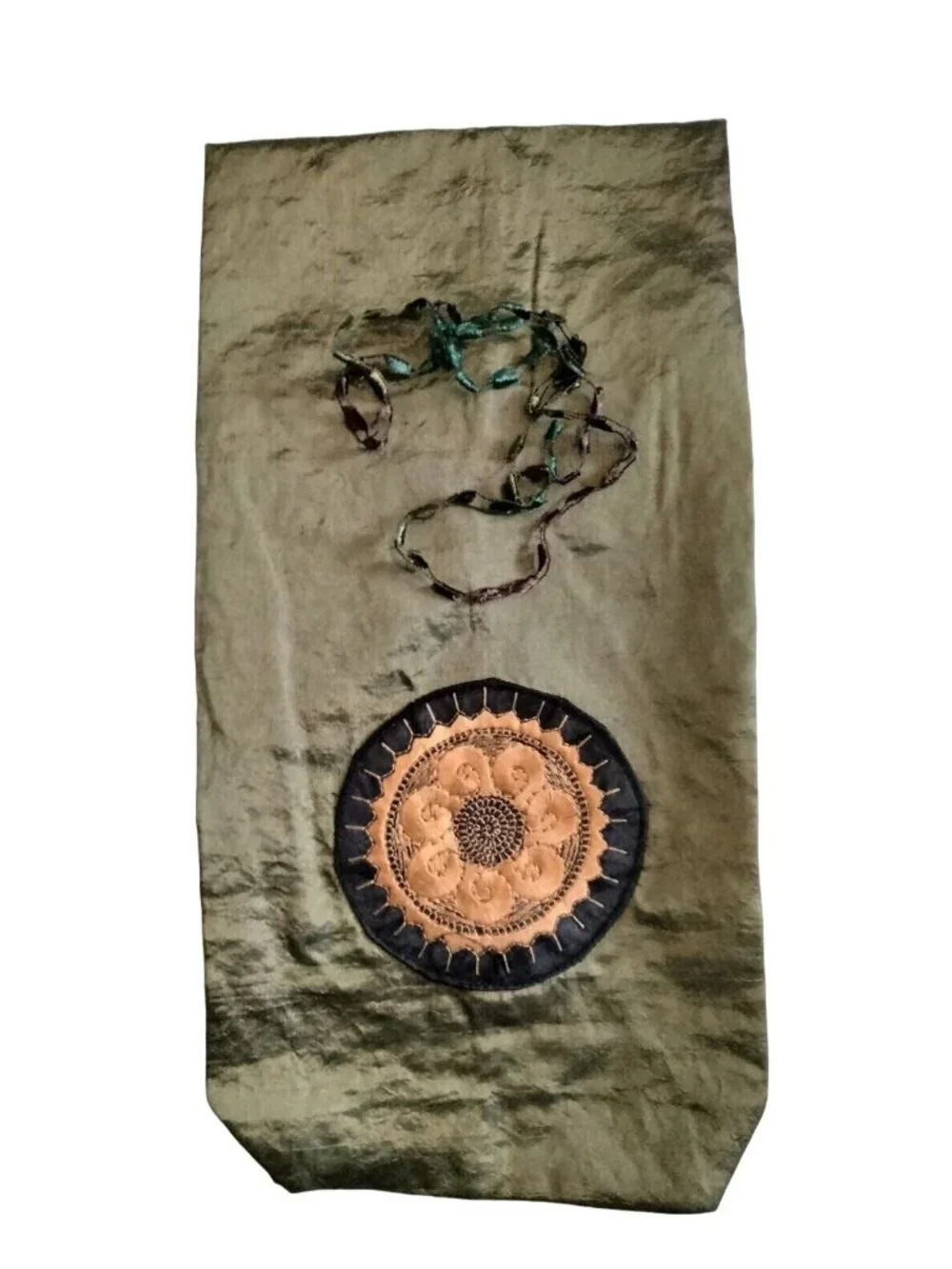 Fabric Wine Bottle Bag Green Embroidered Gold Flower Medallion Boho Gift